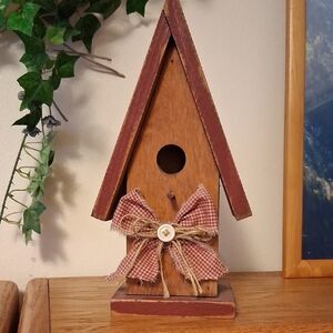 Rustic Vintage Wooden Birdhouse Handmade Craft with Cute Button Checkered Bow